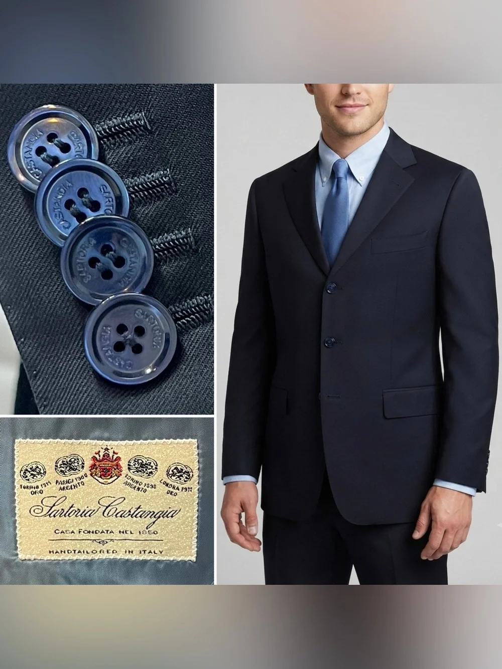 Sartoria Castangia Men's 42L Navy Blue Wool 3-Button Blazer Jacket